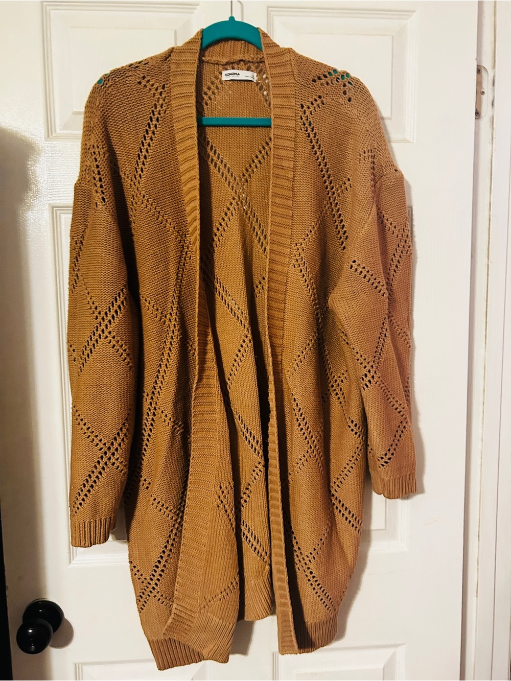 Sonoma Open-Front Diamond Pointelle Cardigan - Camel Brown